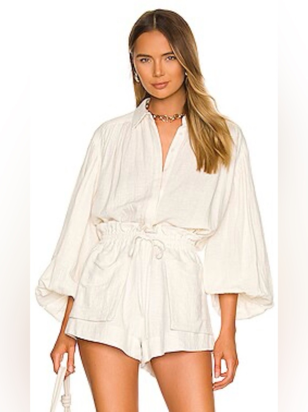 Shona Joy Brigitte Set Revolve Paper Bag Shorts Balloon Sleeve Shirt US4